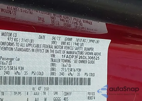 2013 Ford Focus Se z USA, uszkodzony, nr VIN 1FADP3F26DL306525